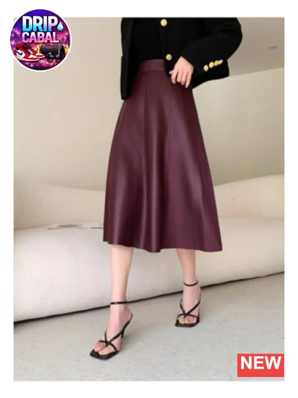 Faux Leather Midi A-Line High Waisted Skirt with Back Zipper